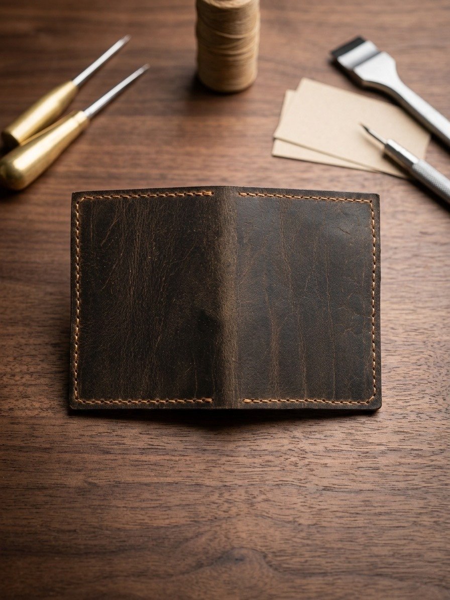 Handcrafted leather wallet made from premium brown leather Handcrafted leather wallet made from premium brown leather