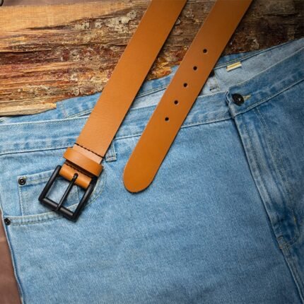 Handcrafted brown leather belt with black buckle for men