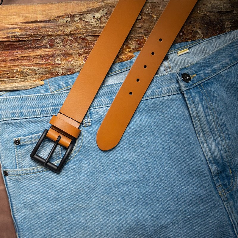 Handcrafted brown leather belt with black buckle for men Handcrafted brown leather belt with black buckle for men