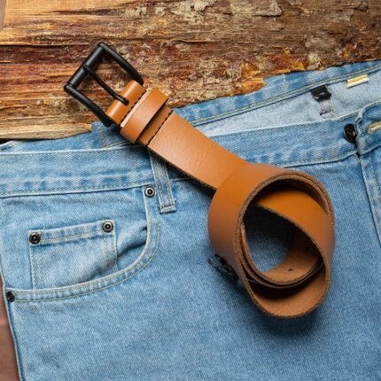 Handcrafted brown leather belt with black buckle for men